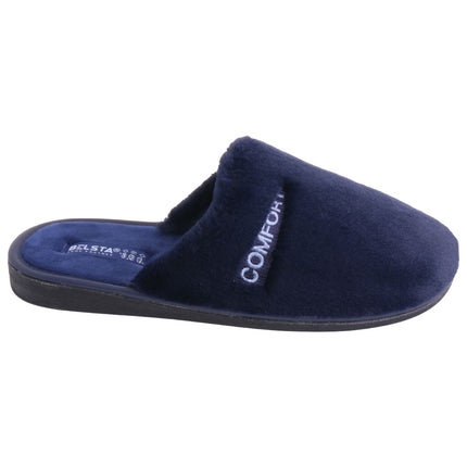 Men's black plush slippers — close-up of the COMFORT embroidery and soft pile