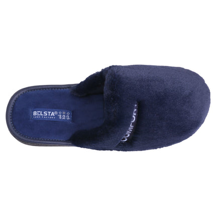 Hand-stitched men's black plush slippers — angled view