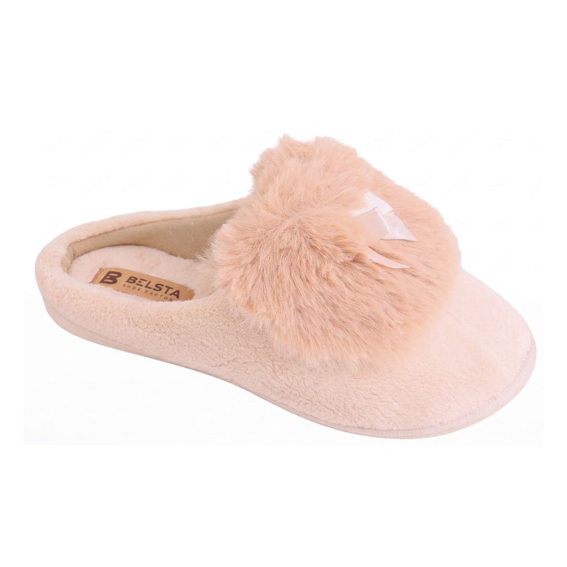 BELSTA The Peach Terry Slippers — women's closed-toe mule in cream terry cloth with peach faux-fur cuff and satin bow, front view