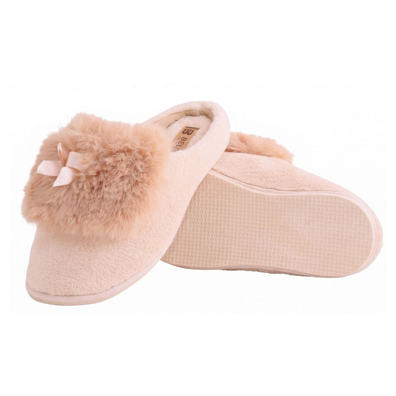 The Peach Terry Slippers by BELSTA — side view of the terry cloth upper and flexible PVC sole