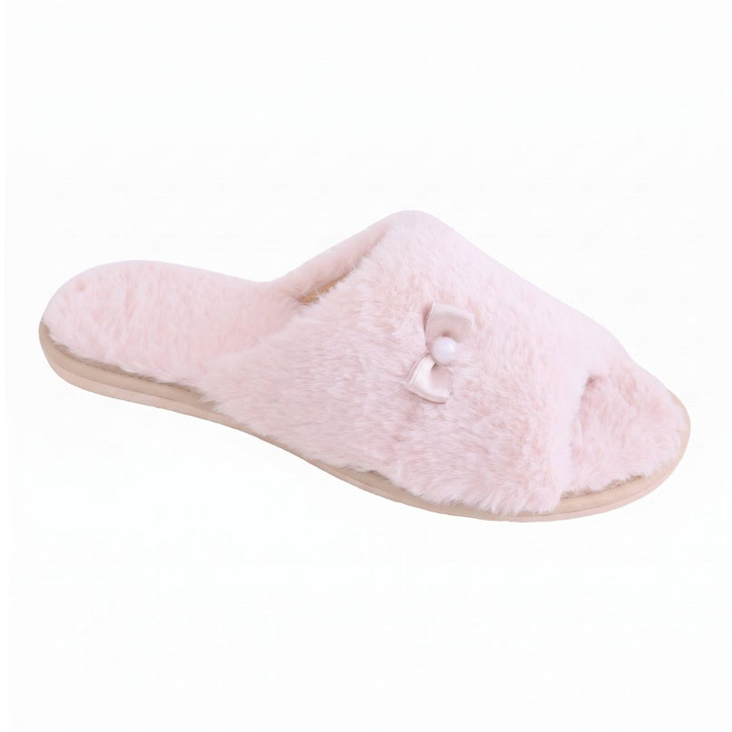 BELSTA The Pearl Fluffy Slippers — women's open-toe slide in blush-pink plush with satin ribbon and pearl, front view