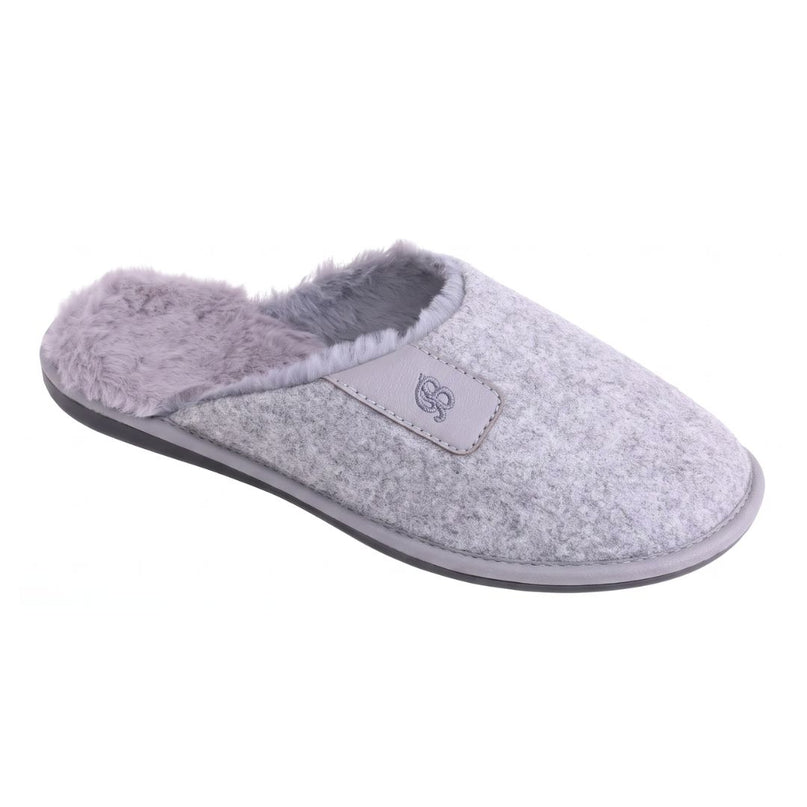 BELSTA The Pebble Knit Slippers — women's closed-toe mule in light grey knit textile with full faux-fur lining, front view