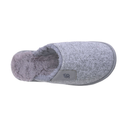Hand-stitched women's grey knit slippers — angled view