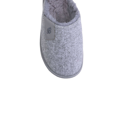 Women's grey knit slippers — detail of the knit textile and hand stitching