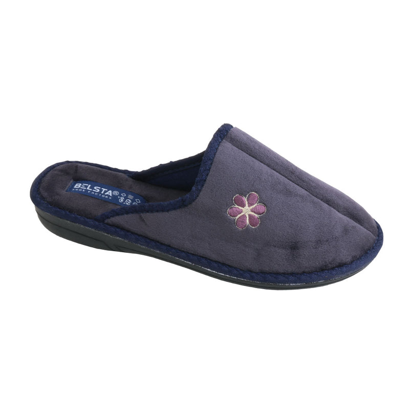 BELSTA The Plum Velour Slippers — women's closed-toe mule in plum plush velour with embroidered flower, front view