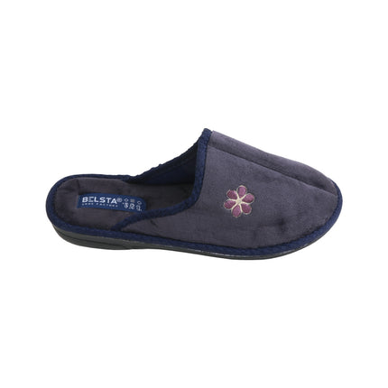Women's plum velour slippers — close-up of the embroidered flower on the plum velour