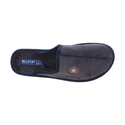 Hand-stitched women's plum velour slippers — angled view