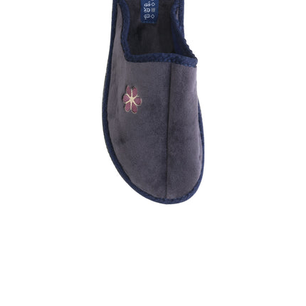 Women's plum velour slippers — detail of the plush velour and hand stitching