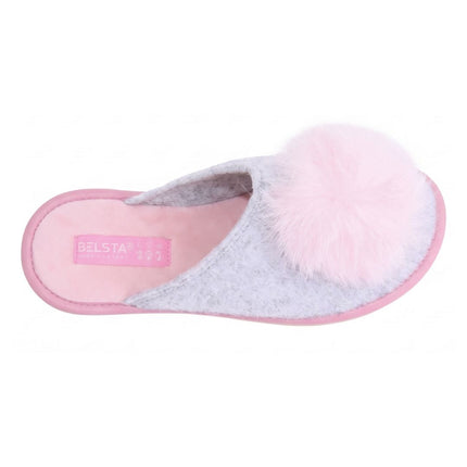 Hand-stitched women's grey felt pom-pom slippers — angled view
