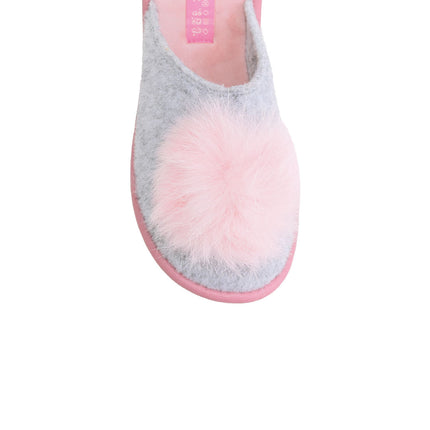 Women's grey felt pom-pom slippers — detail of the Italian felt and hand stitching