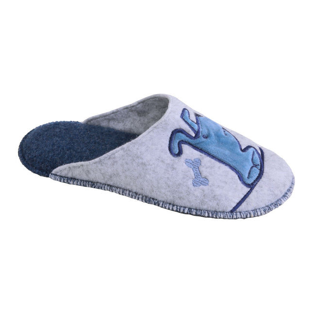 BELSTA The Puppy Felt Slippers — women's wide-fit closed-toe mule in light grey Italian felt with blue velour puppy applique, front view