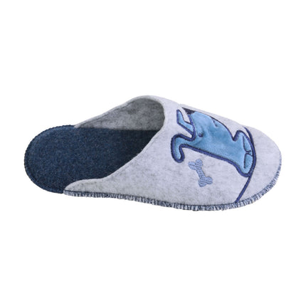 Women's grey felt slippers — close-up of the blue velour puppy applique and embroidery