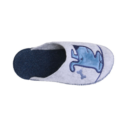 Hand-stitched women's grey felt slippers — angled view