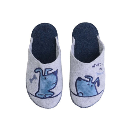 The Puppy Felt Slippers — back view of the wide-fit closed-toe felt mule