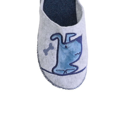 Women's grey felt slippers — detail of the Italian felt and hand stitching