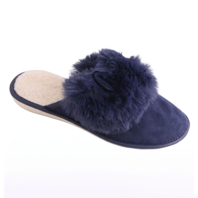 BELSTA The Sapphire Suede Slippers — women's closed-toe mule in navy suede with plush pom-pom, front view