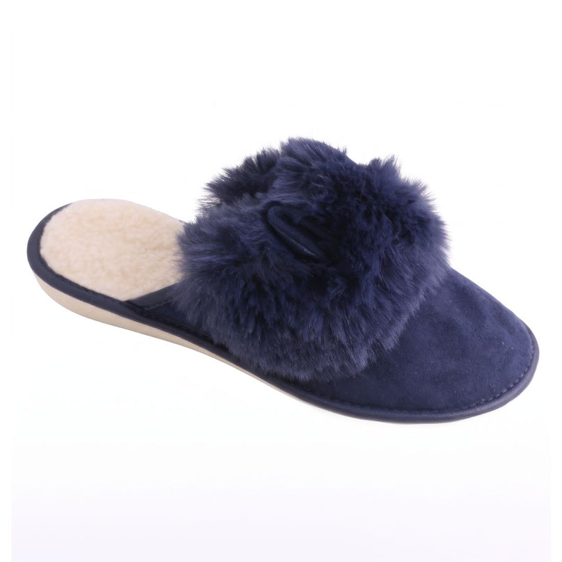 BELSTA The Sapphire Suede Slippers — women's closed-toe mule in navy suede with plush pom-pom, front view