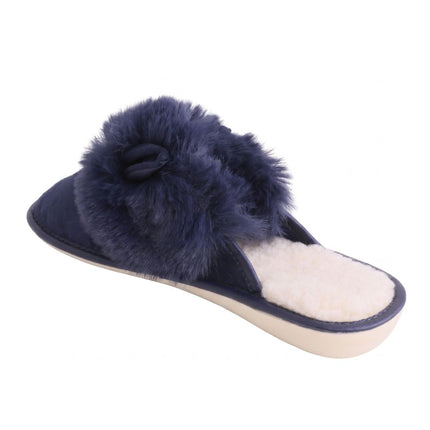 BELSTA Sapphire Suede Slippers — top view of the pair with wool-blend plush footbed
