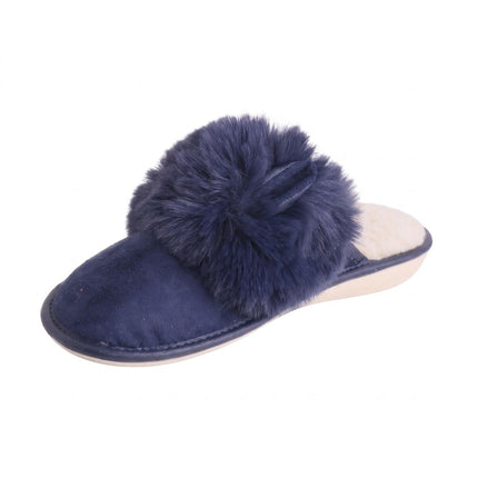 BELSTA women's navy suede pom-pom slippers — wool-blend plush footbed and lining
