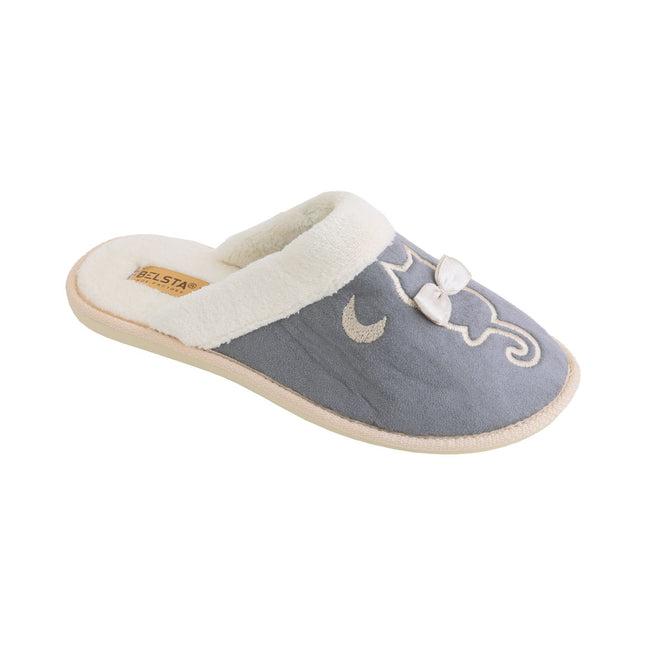BELSTA The Slate Suede Slippers — women's closed-toe mule in slate-grey suede with terry cuff and satin bow, front view