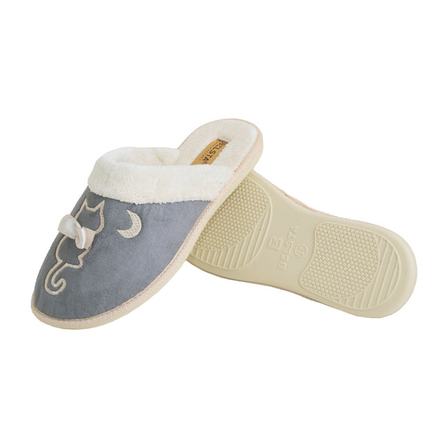 The Slate Suede Slippers by BELSTA — side view of the suede upper and non-slip sole