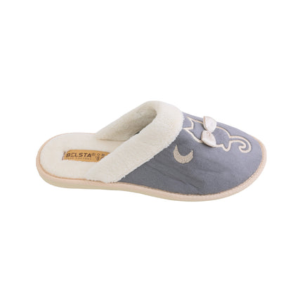 Women's slate-grey suede slippers — close-up of the cream terry cuff, satin bow and embroidery