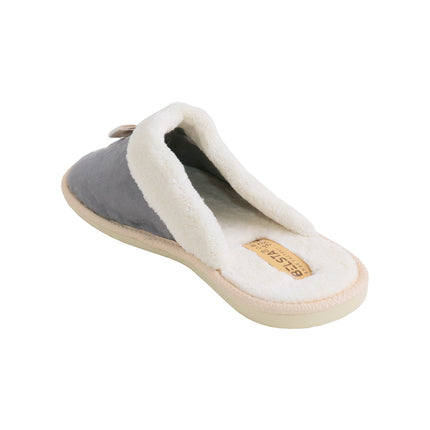 BELSTA Slate Suede Slippers — top view of the pair with terry cloth footbed