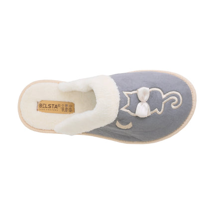 Hand-stitched women's slate-grey suede slippers — angled view