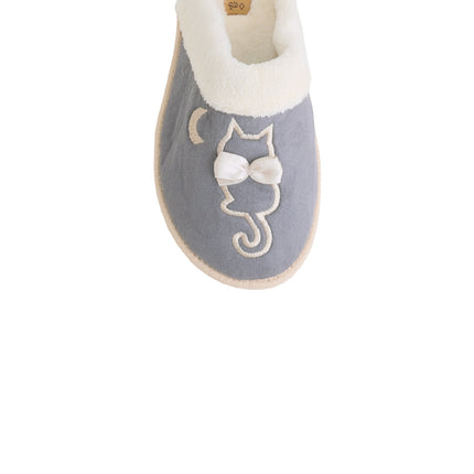 Women's slate-grey suede slippers — detail of the suede and hand stitching