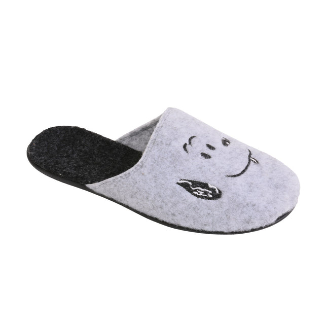 BELSTA The Smile Felt Slippers — women's closed-toe mule in light grey Italian felt with embroidered smile, front view