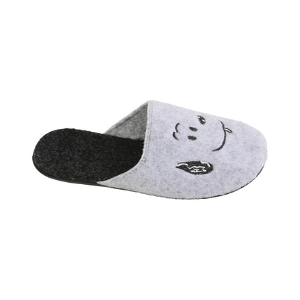 Women's grey felt slippers — close-up of the embroidered smiling face