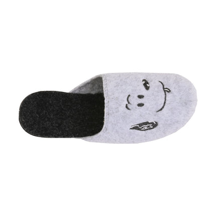 Hand-stitched women's grey felt slippers — angled view