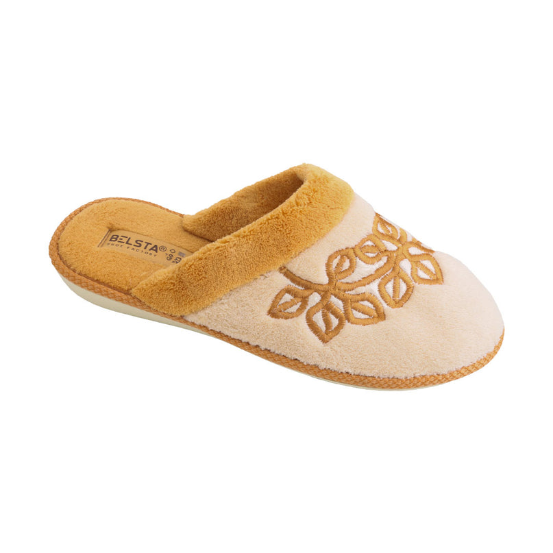 BELSTA The Terracotta Terry Slippers — women's closed-toe mule in cream terry cloth with terracotta leaf embroidery, front view