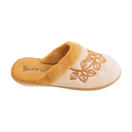 Women's cream terry slippers — close-up of the terracotta leaf embroidery and trim
