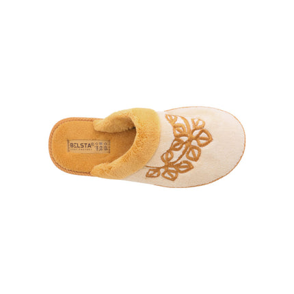 Hand-stitched women's cream terry slippers — angled view