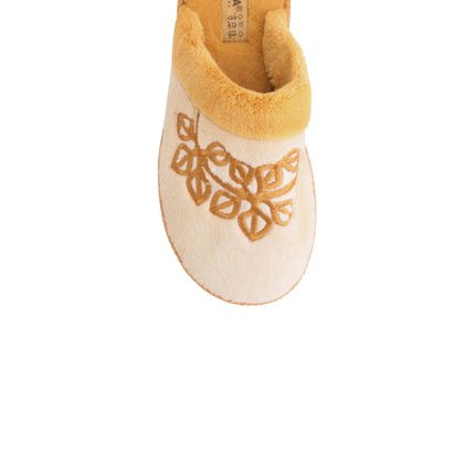 Women's cream terry slippers — detail of the terry cloth and hand stitching
