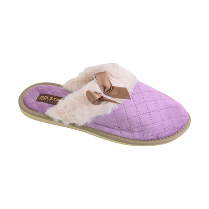 BELSTA The Violet Quilted Slippers — women's closed-toe mule in violet quilted velour with faux-fur cuff and satin bow, front view