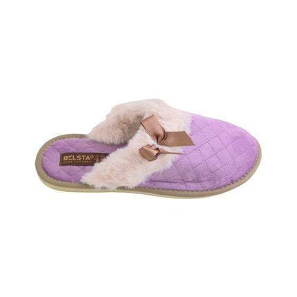 Women's violet quilted slippers — close-up of the cream faux-fur cuff and brown satin bow