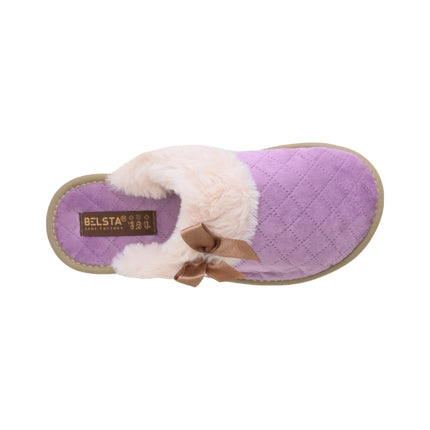 Hand-stitched women's violet quilted slippers — angled view