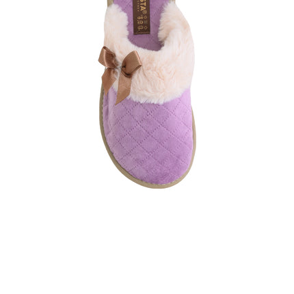 Women's violet quilted slippers — detail of the quilted plush velour and hand stitching