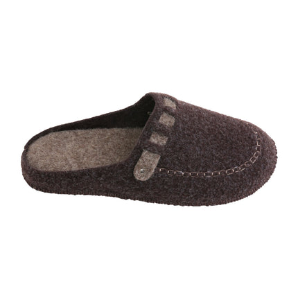Men's brown felt slippers — close-up of the felt strap across the vamp