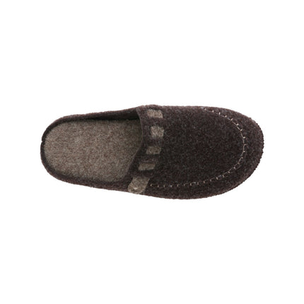 Hand-stitched men's brown felt slippers — angled view