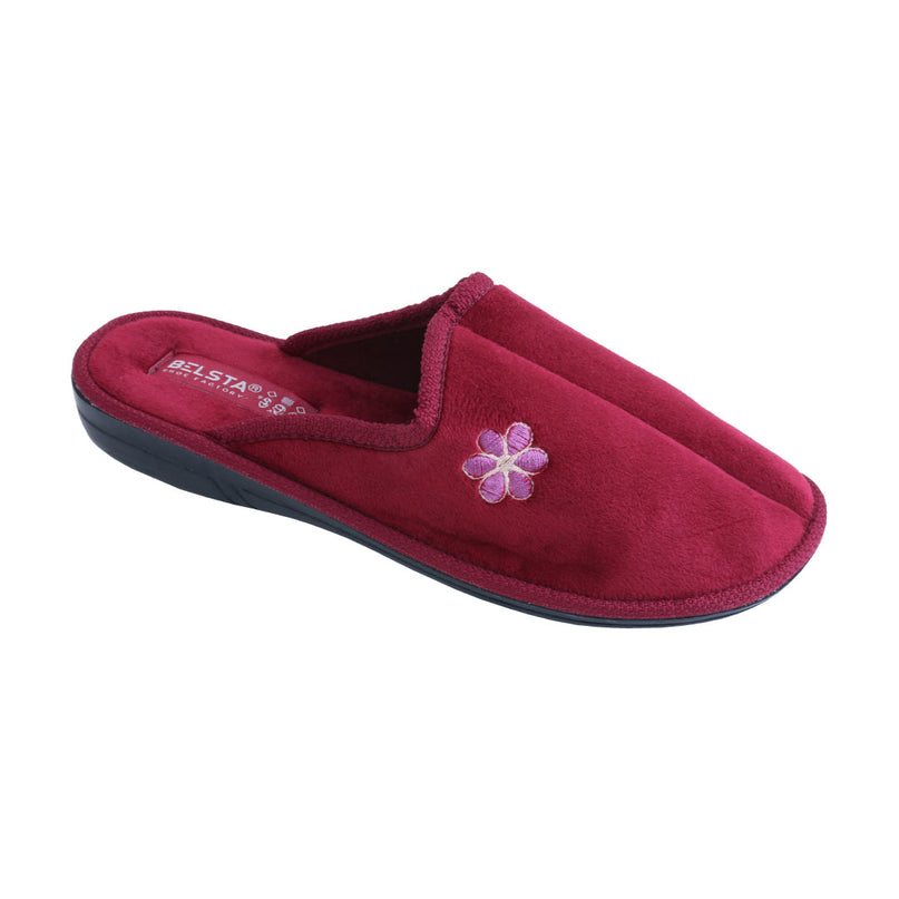 BELSTA The Wine Velour Slippers — women's closed-toe mule in wine-red plush velour with embroidered flower, front view