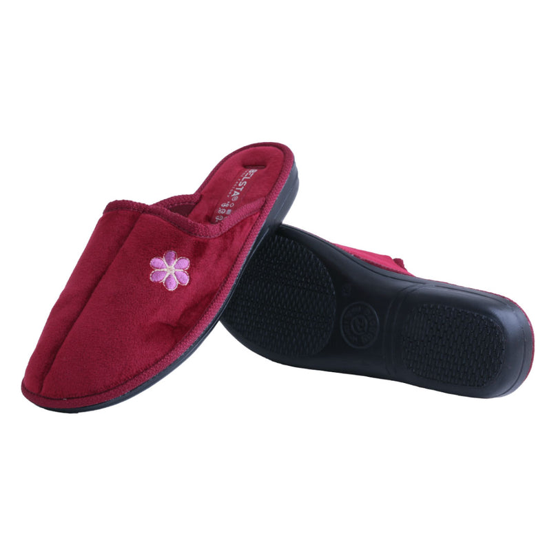 The Wine Velour Slippers by BELSTA — side view of the velour upper and non-slip sole