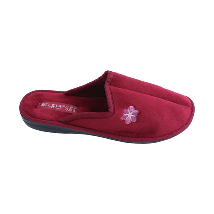 Women's wine-red velour slippers — close-up of the embroidered flower on the wine-red velour