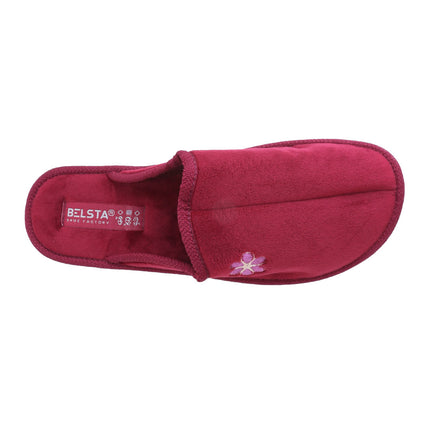 Hand-stitched women's wine-red velour slippers — angled view