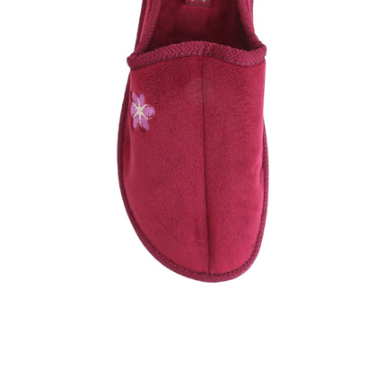 Women's wine-red velour slippers — detail of the plush velour and hand stitching