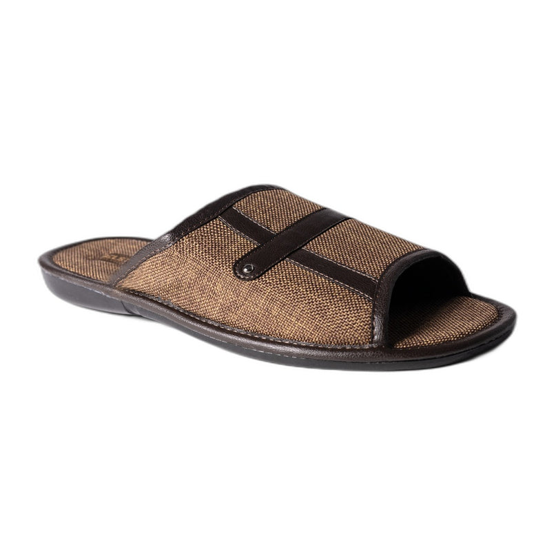 Tobacco-brown men's slide slipper with faux-leather T-strap, three-quarter view - BELSTA The Tobacco Slippers