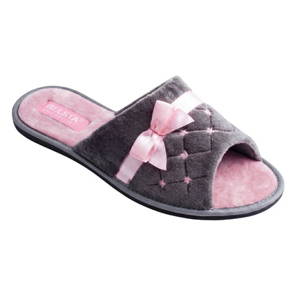 Grey quilted velour slide slipper with pink satin bow and blush footbed, side angle view - BELSTA The Vanity Slippers