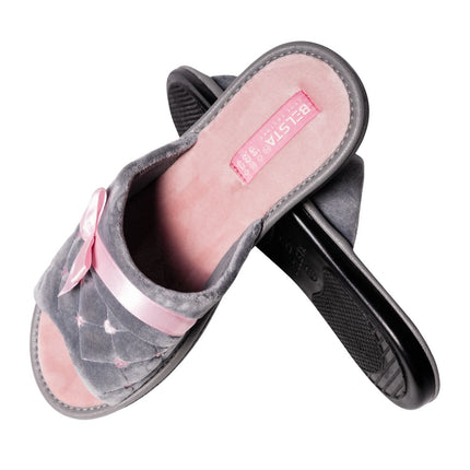 Grey velour slide slippers with pink bow, one flipped showing black non-slip sole - BELSTA The Vanity Slippers